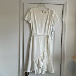 CALVIN KLEIN Women's Short Sleeve Round Neck Tie Waist, SIZE 4, WHITE